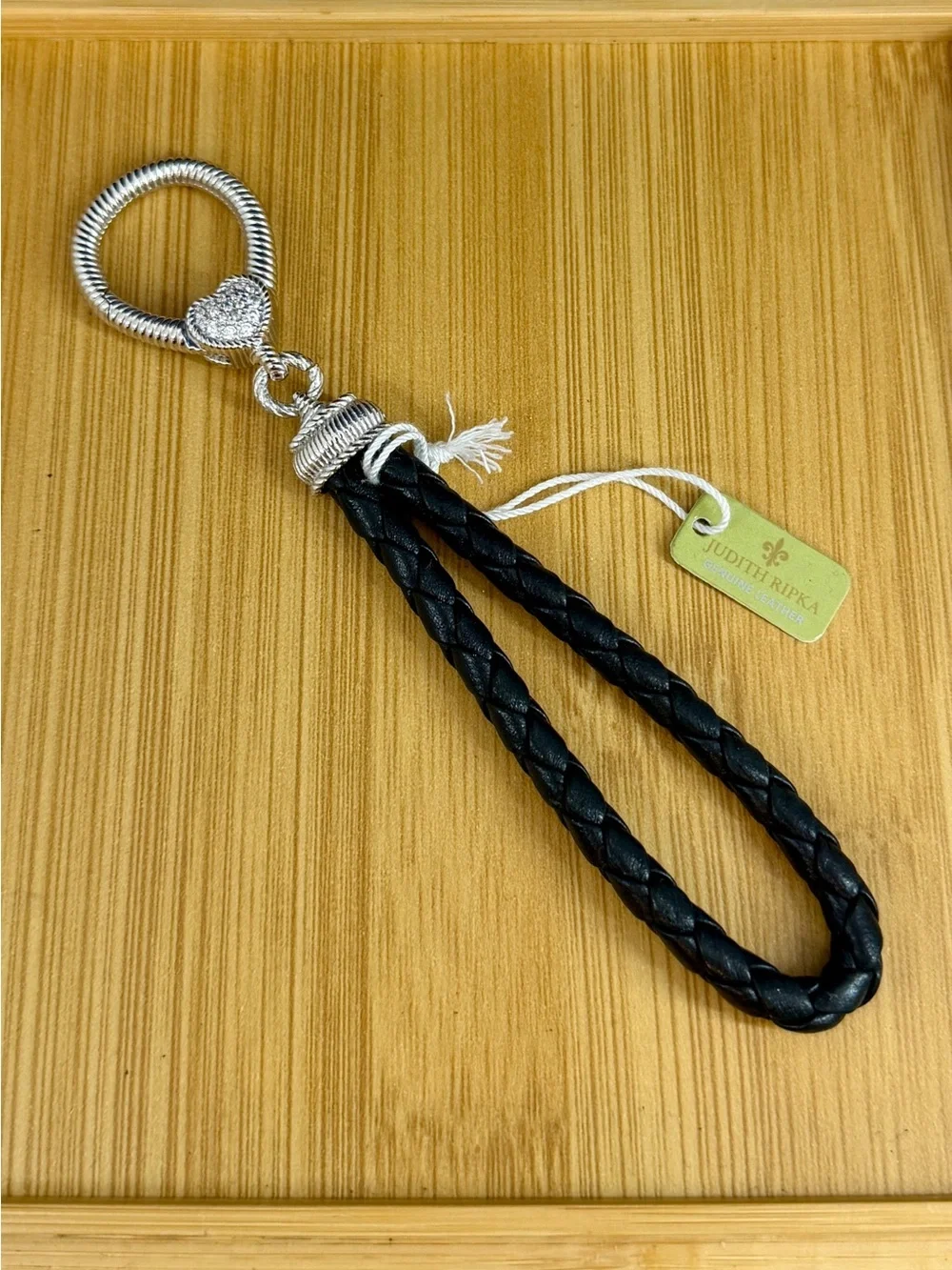NWT- JUDITH RIPKA Stainless Steel Black Braided Leather Crystal Keyring Keychain